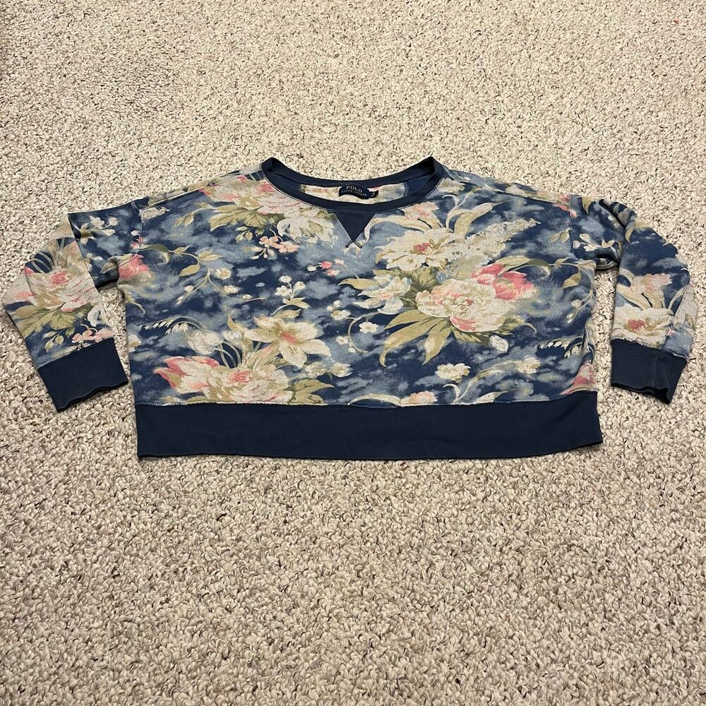 Polo Ralph Lauren Floral Print Cropped Sweatshirt Sz M Artsy Watercolor Preppy